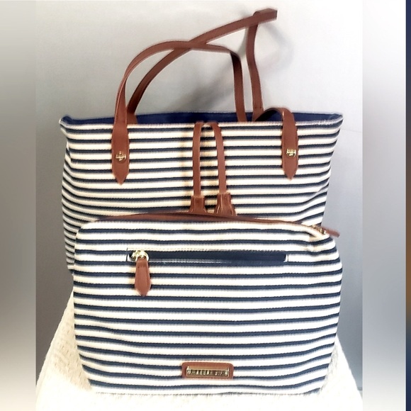 Madden Girl Handbags - Madden Girl Navy and White Striped Tote Set